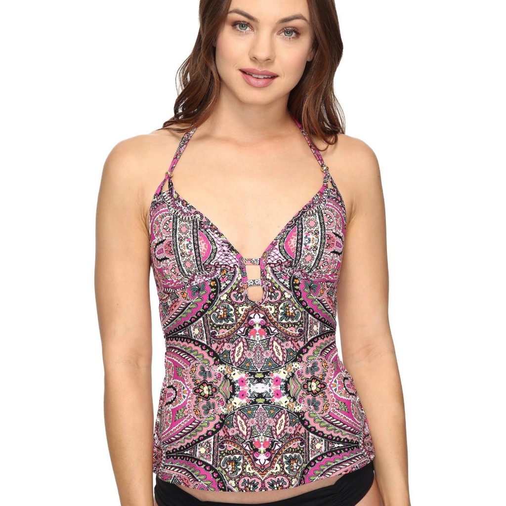 Lucky Brand Pink Pattern Halter Style Tankini Top Lightly Padded Size Small New